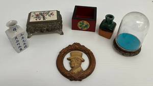lot 174 image: Group Of Misc. Vintage Items Including Small Sake Jars,5 Glass Domed Display, Trinket Boxes And More