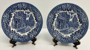 lot 192 image: Vintage Pair Of Bred And Butter Plates Dickens Series Blue & White 7  (No Chips Or Cracks)