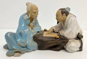 lot 218 image: Vintage 1960s Chinese Shiwan Pottery Glazed Mud Man Figurines Playing Checkers  5 x 7 (No Chips Or Cracks)
