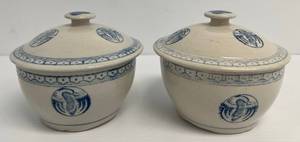 lot 242 image: Pair Of Vintage Porcelain Serving Bowls With Lids Bue And White With Crane Floral Design  (No Chips Or Cracks) 5 12 x 5 12