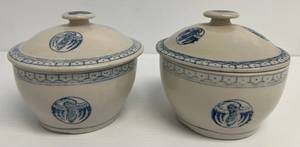 lot 243 image: Pair Of Vintage Porcelain Serving Bowls With Lids Bue And White With Crane Floral Design  (No Chips Or Cracks) 5 12 x 5 12