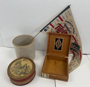 Group Of Vintage Items Including Crock, 1987 Twins World Series Pendant