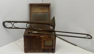 Group Of Vintage Items Including Emerson Short Wave Radio, Washboard And Trumbone