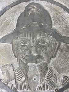 Vintage Metal Printing Press Plate - Farmer with Hat, Glasses & Corn Cob Pipe - 8