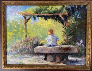 Original Framed Oil by Bob Straube - Man on Park Bench with Pergola