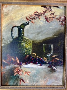 Framed Bob Straub - Print on Canvas - Wine Glass, Bottle and Grapes