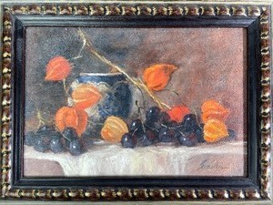 Framed Original Oil by Bob Straub - Chinese Lantern Flowers and Purple Grapes