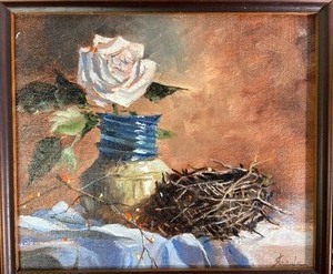 Framed Original Oil by Bob Straube - White Rose and Birds Nest