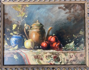Original Framed Print on Canvas Still life by Bob Straube - Fruits and Copper Pitcher
