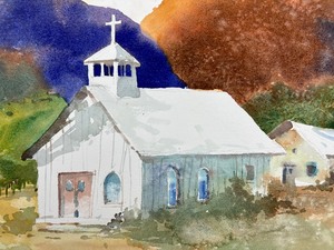Large Matted Watercolor Rural Church Amidst Hills by Bob Straube
