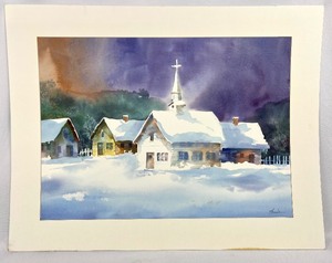 Large Matted Watercolor Village Church by Bob Straube