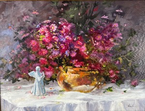 Framed Oil Still Life Fuchsia Blooms, Copper Pot and Angel Figure by Bob Straube