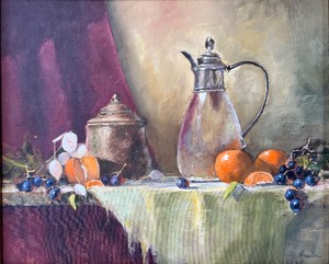 Framed Still Life Oranges, Grapes and Glass Pitcher by Bob Straube