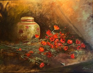 Stunning Framed Oil Still Life with Art Lamp Poppies and Green Vase by Bob Straube