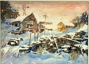 Large Framed Original Watercolor Woodpile by Bob Straube