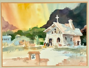 Large Framed Watercolor Church With Colorful Sky by Bob Straube