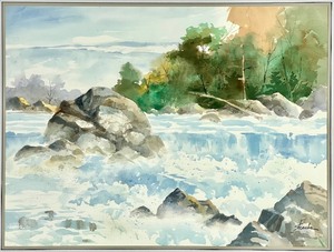 Large Framed Watercolor Woodland Waterfall by Bob Straube