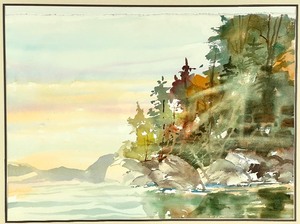 Large Framed Watercolor Trees to the Shore by Bob Straube