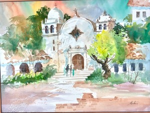 Vibrant Matted Watercolor Domed ChurchAdobe BrickSpring Tree by Bob Straube
