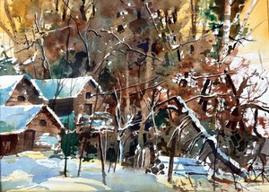 Matted Watercolor Rustic Wooded Winter Scene by Bob Straube