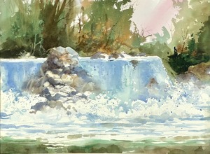 Matted Watercolor Bubbling Waterfall Amidst Trees by Bob Straube