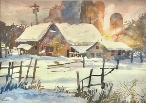 Matted Watercolor Distant Silos by Bob Straube