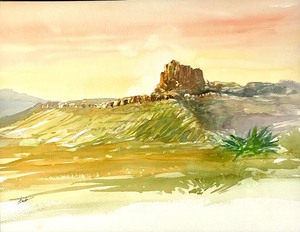 Matted Watercolor Southwestern Landscape in Rose Light by Bob Straub