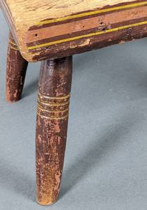 lot 13 image: Primitive Short Wood Milking Stool with Pink and Yellow Detailing