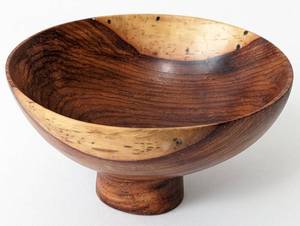 lot 64 image: Beautiful Hand-Made Trio Ivar Zapp Cocobolo Wood Bowl, Osage Orange Wood Vase, Cement Tree