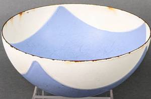 lot 41 image: Three CATHERINEHOLM Zebra Small Enamelware Nesting Bowls and Art Glass Mushroom