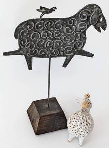 lot 61 image: Figurine with Original Signed Welded Sheep Sculpture Signed by Duane Johnson - Wildweed Studio