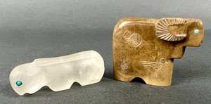 lot 145 image: Two Carved Stone Zuni Fetishes -  Ram with Petroglyphs by Ulysses Mahkee and Crystal Mountain Lion