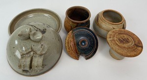 lot 182 image: 3 Vintage Studio Pottery Covered Dishes- French Butter Keeper, Sugar Bowl and Covered Dish