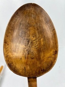 lot 211 image: Antique Scandinavian Decorative Wooden Spoon and Marble Rolling Pin