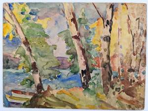 lot 198 image: Mary Alice (M.A.) Higgy Antique Original Forest Nocturne Watercolor and Oil Paintings