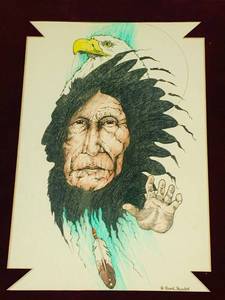 lot 252 image: Vintage Framed Colored PencilPen Drawing - Indigenous Portrait and Eagle - SIgned by G. Good Thunder