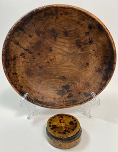 lot 248 image: Antique Small Wooden Bowl and Tiny Round Napoleon Trinket  Snuff Box