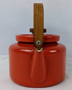 lot 219 image: Vintage Red Enamelware Kettle With Teak Wood Handles- Danish Design