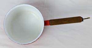 lot 220 image: Vintage Enamelware Red Sauce Pan With Wood Handle