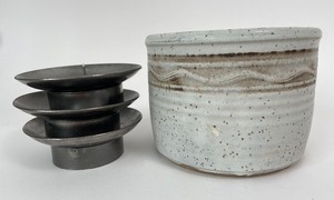 lot 263 image: Beautiful Hand Made Pottery Planter & Three Metal Candle Holders