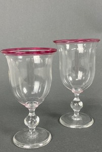 lot 243 image: Two Rose Rimmed Glass Goblets & Tiny Glass Bowl