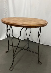 lot 3B image: Antique Ice Cream Parlor Cafe Table & Four Chairs with Blue Faux Suede Seats