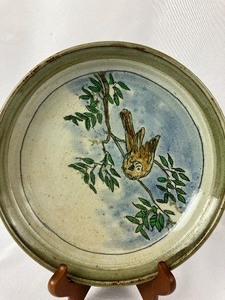lot 174 image: Original Signed Glazed Studio Pottery Plate with Bird and Bowl with Blue Glaze
