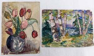 lot 266 image: Antique Mary Alice (M.A.) Higgy 5 Original Watercolors on 3 Canvases- Monterey  Floral  Forest, One Signed