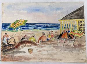 lot 267 image: Antique Mary Alice (M.A.) Higgy 3 Original 1916 Watercolors - Beach Bathers and Sailboats