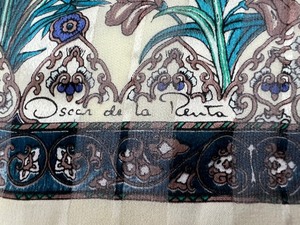 lot 340 image: Vintage Oscar de la Renta Floral Print Sheer Scarf - JadeCobaltBrownCream