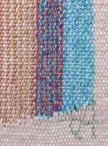 lot 17C image: Vintage EVELYN ACKERMAN Signed Original Textile Art on Open Frame - Colorful Houses on Pink Backdrop