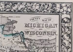 lot 351 image: 1863 Framed Map of Michigan and Wisconsin - Hand Colored Engraving Print
