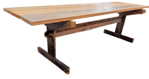 lot 128 image: Hand Crafted Farmhouse Plank Trestle Table with Antique Legs and Support Bridge