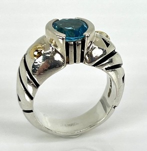 lot 5A image: John Atencio Sterling Silver18K Gold Open Bezel Set Blue Topaz Ring